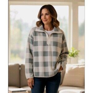 Chaps Women's L/G Plaid Buffalo Check Fleece 1/4 Zip Pullover Sweatshirt Gray